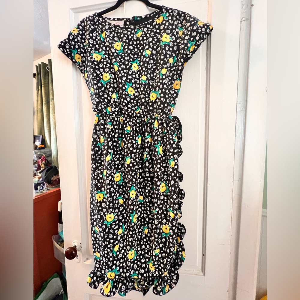 Floral Black Dress with Yellow and Green Accents
